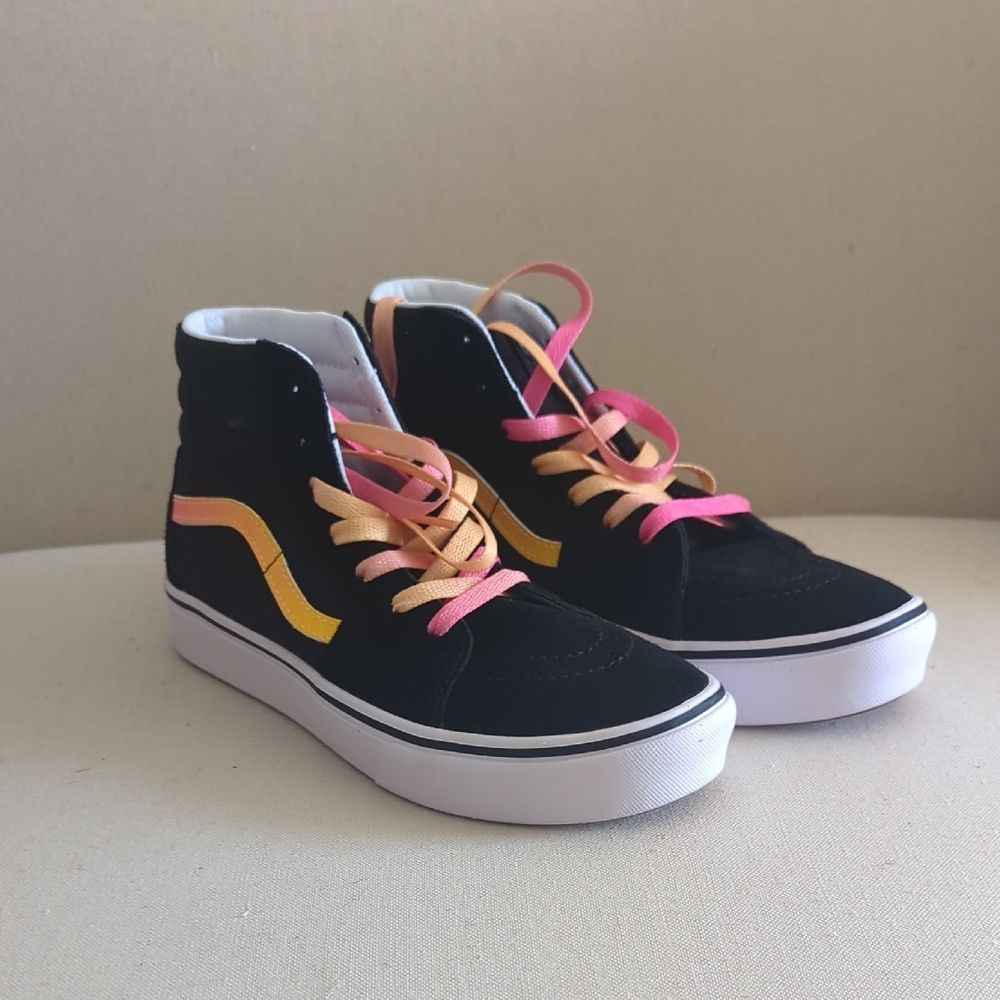 Black High-Top Sneakers with Pink and Yellow Accents